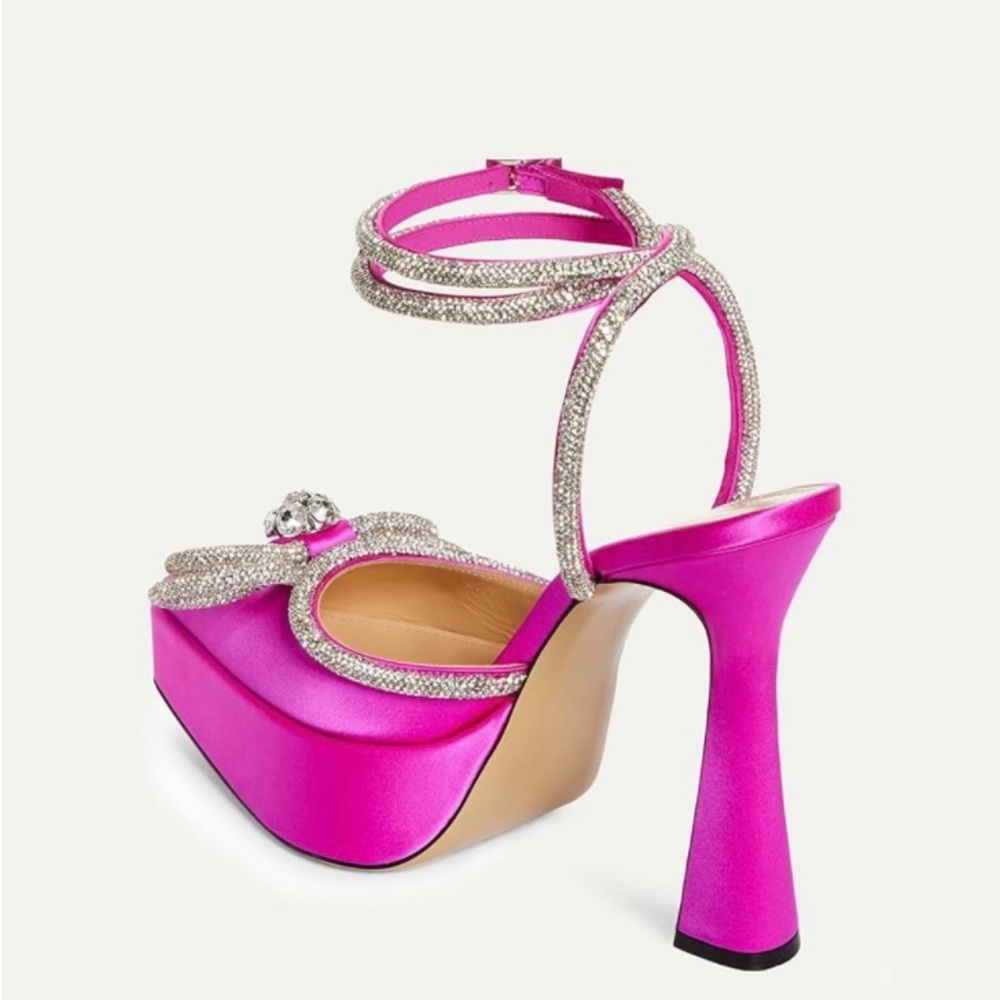Barbie Pink Satin High Heels Ankle Strap Pointed Toe Rhinstone Elle woods - Picture 3 of 12